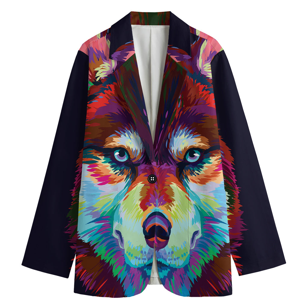 Colorful Siberian Husky Print Women's Blazer