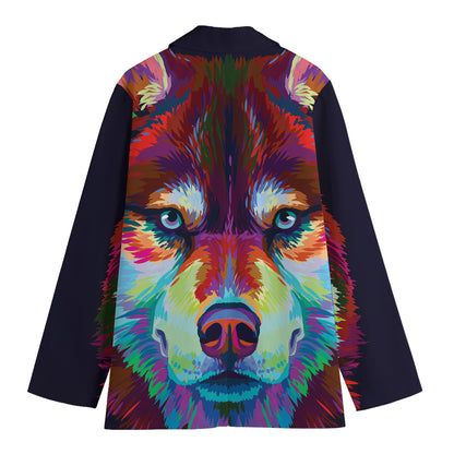 Colorful Siberian Husky Print Women's Blazer