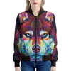 Colorful Siberian Husky Print Women's Bomber Jacket