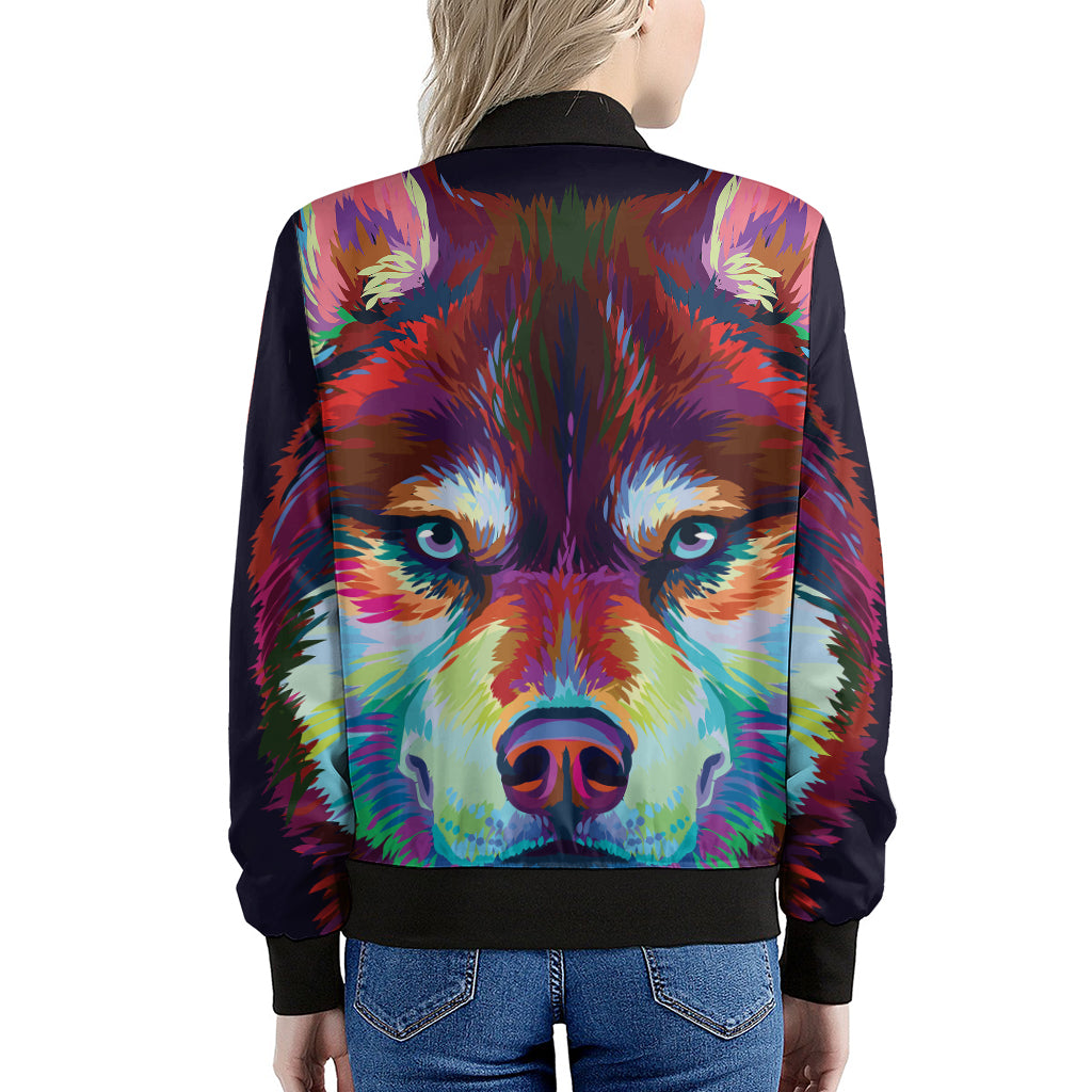Colorful Siberian Husky Print Women's Bomber Jacket
