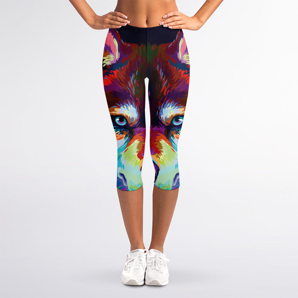 Colorful Siberian Husky Print Women's Capri Leggings