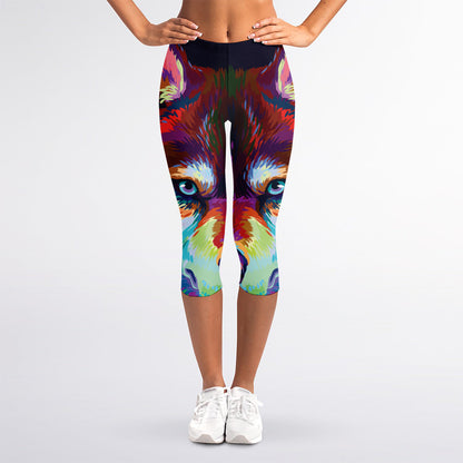 Colorful Siberian Husky Print Women's Capri Leggings