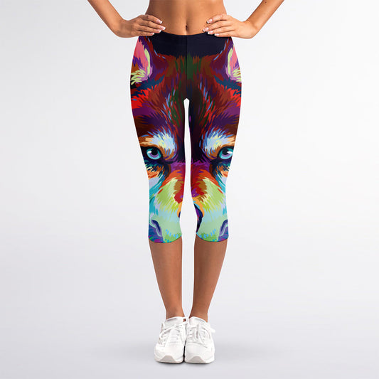Colorful Siberian Husky Print Women's Capri Leggings