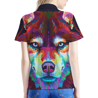 Colorful Siberian Husky Print Women's Polo Shirt