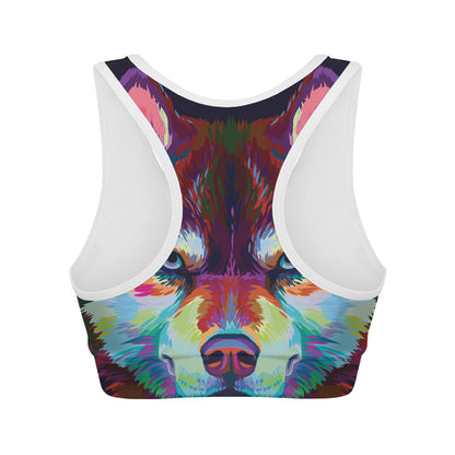 Colorful Siberian Husky Print Women's Sports Bra