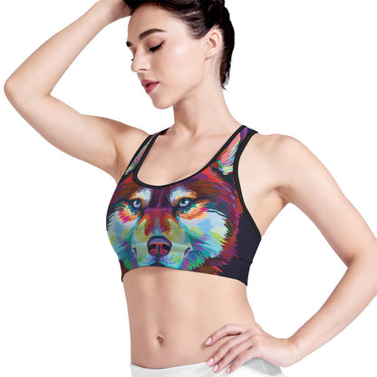 Colorful Siberian Husky Print Women's Sports Bra