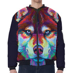 Colorful Siberian Husky Print Zip Sleeve Bomber Jacket