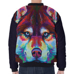 Colorful Siberian Husky Print Zip Sleeve Bomber Jacket