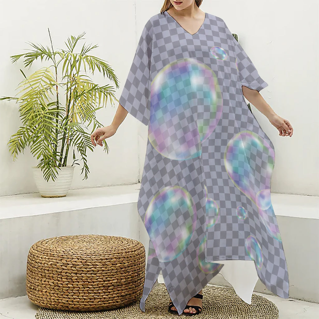 Colorful Soap Bubble Print Silk V-Neck Kaftan Dress