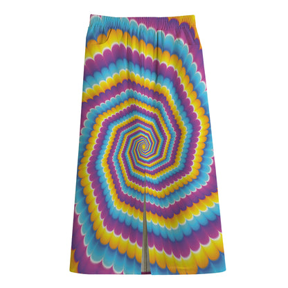 Colorful Spiral Illusion Print Cotton Front Slit Maxi Skirt
