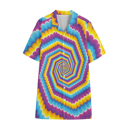 Colorful Spiral Illusion Print Cotton Hawaiian Shirt