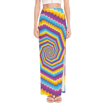 Colorful Spiral Illusion Print High Slit Maxi Skirt