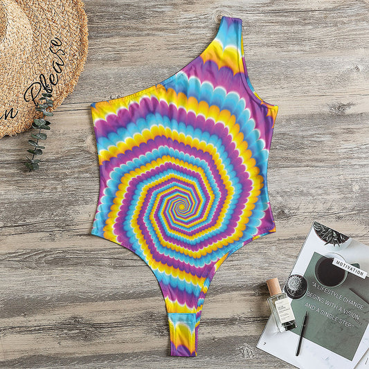 Colorful Spiral Illusion Print One Shoulder Bodysuit