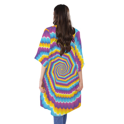 Colorful Spiral Illusion Print Open Front Beach Cover Up