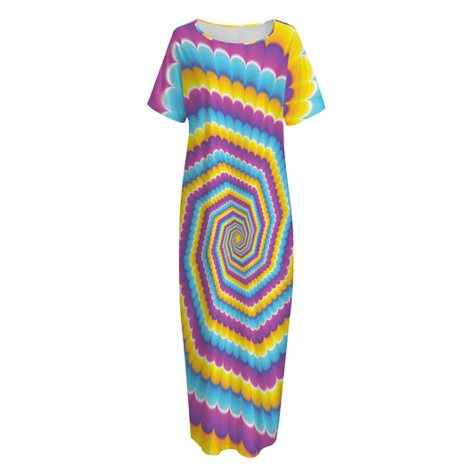 Colorful Spiral Illusion Print Short Sleeve Long Nightdress