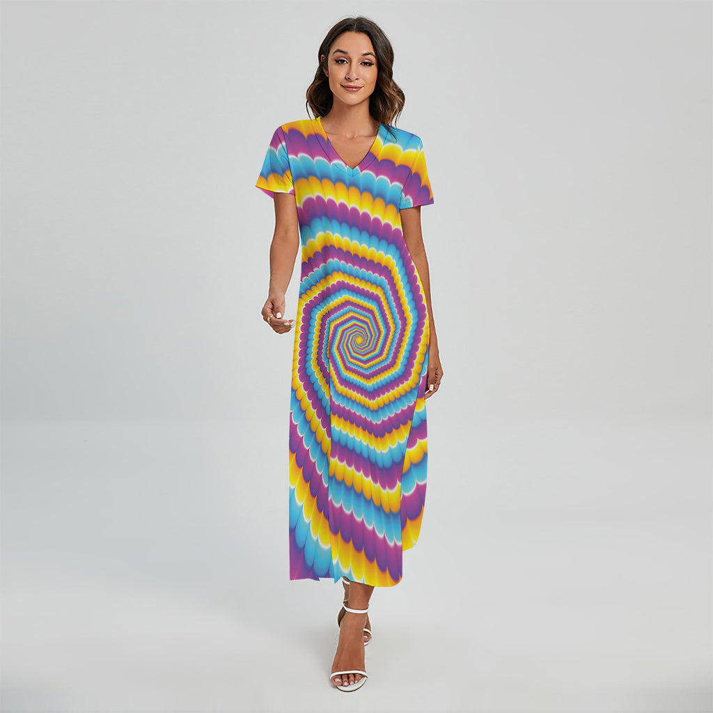 Colorful Spiral Illusion Print Short Sleeve Maxi Dress