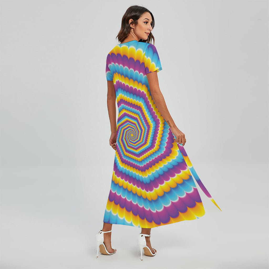 Colorful Spiral Illusion Print Short Sleeve Maxi Dress