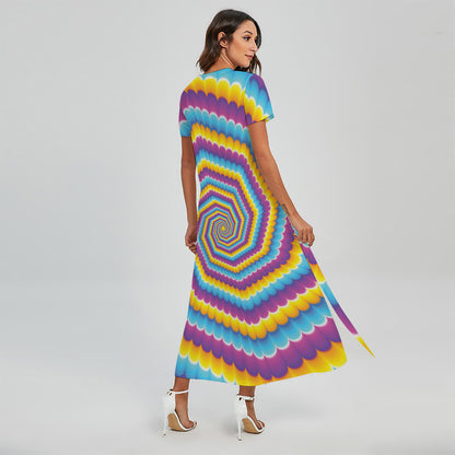 Colorful Spiral Illusion Print Short Sleeve Maxi Dress