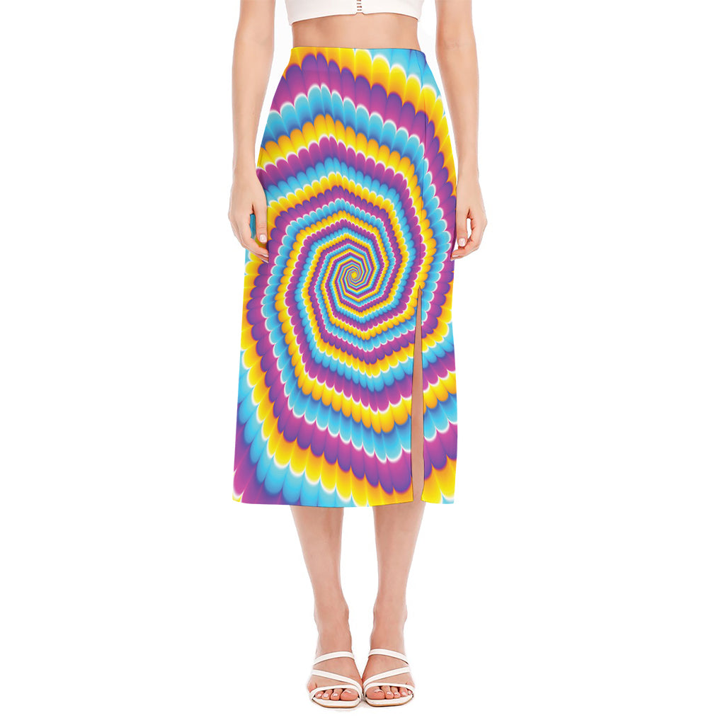 Colorful Spiral Illusion Print Side Slit Midi Skirt