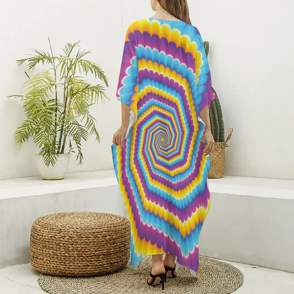 Colorful Spiral Illusion Print Silk V-Neck Kaftan Dress