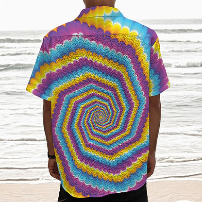 Colorful Spiral Illusion Print Textured Short Sleeve Shirt