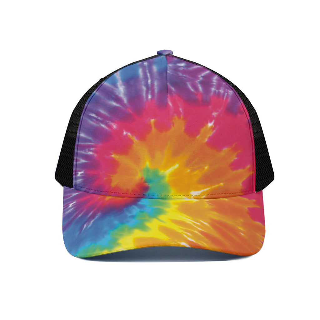 Colorful Spiral Tie Dye Print Black Mesh Trucker Cap