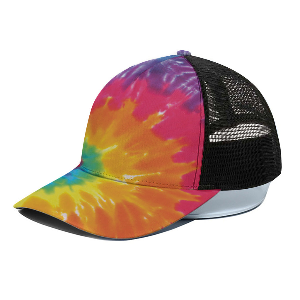 Colorful Spiral Tie Dye Print Black Mesh Trucker Cap