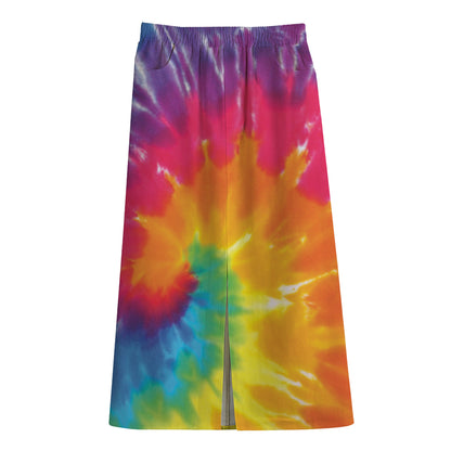Colorful Spiral Tie Dye Print Cotton Front Slit Maxi Skirt