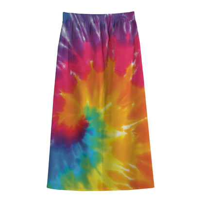Colorful Spiral Tie Dye Print Cotton Front Slit Maxi Skirt