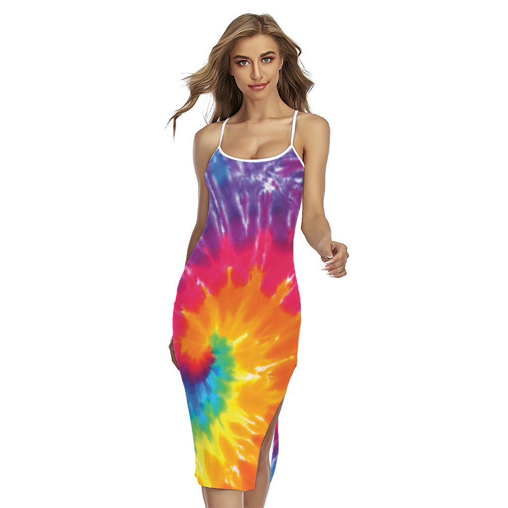Colorful Spiral Tie Dye Print Cross Back Cami Dress