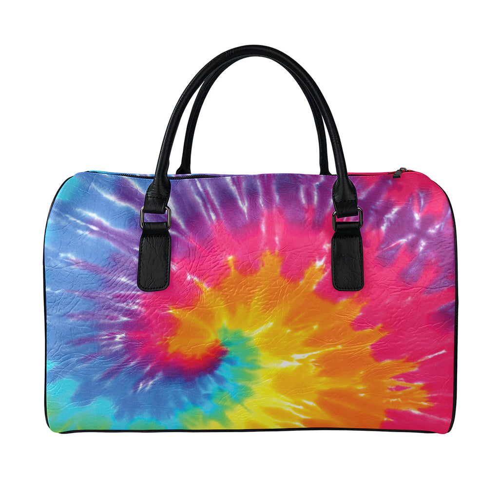 Colorful Spiral Tie Dye Print Leather Duffle Bag
