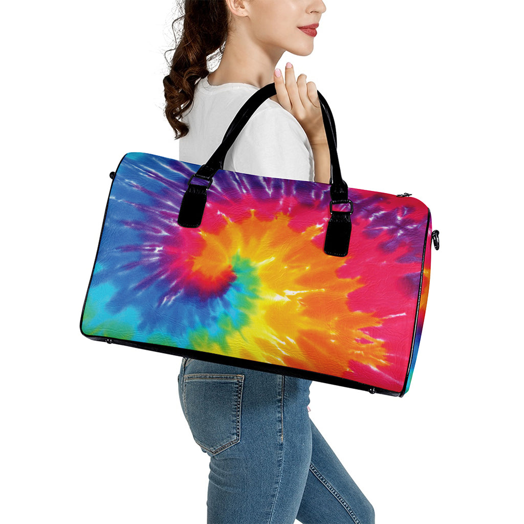 Colorful Spiral Tie Dye Print Leather Duffle Bag