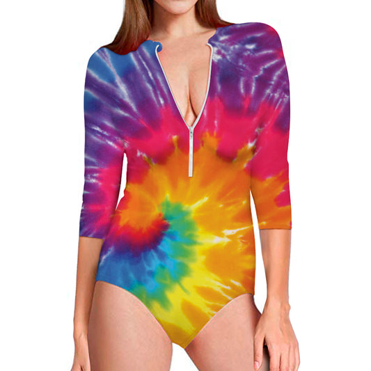 Colorful Spiral Tie Dye Print Long Sleeve Swimsuit