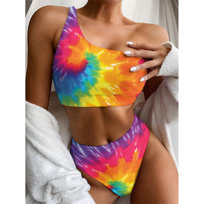 Colorful Spiral Tie Dye Print One Shoulder Bikini Top