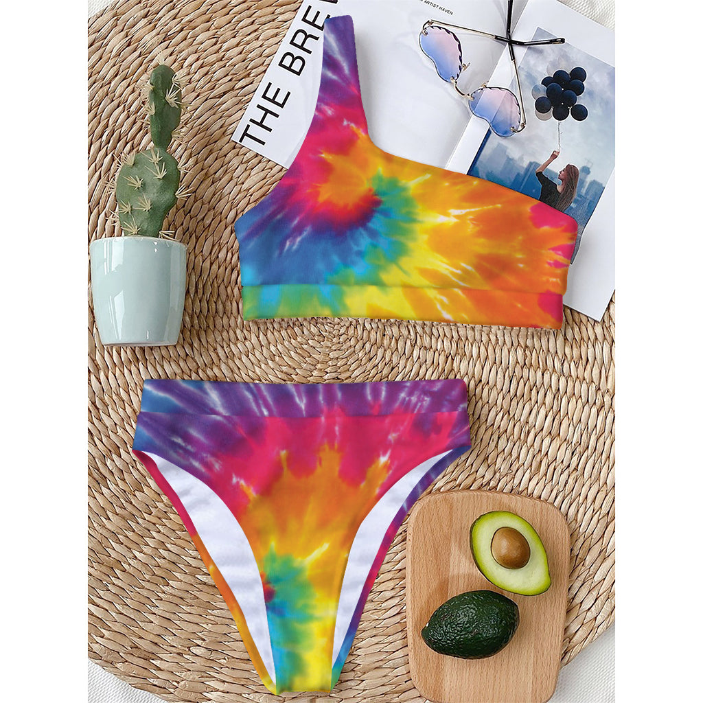 Colorful Spiral Tie Dye Print One Shoulder Bikini Top