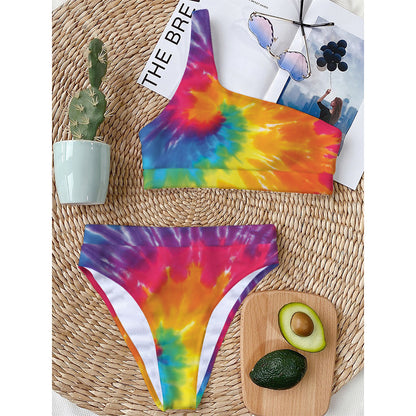 Colorful Spiral Tie Dye Print One Shoulder Bikini Top