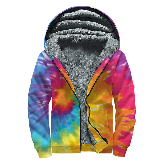 Colorful Spiral Tie Dye Print Sherpa Lined Zip Up Hoodie