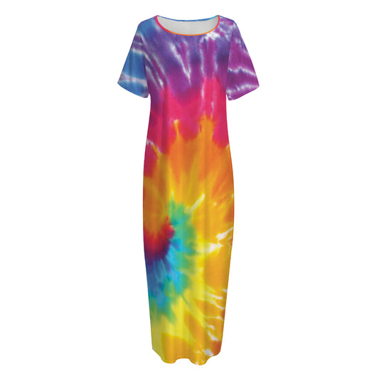 Colorful Spiral Tie Dye Print Short Sleeve Long Nightdress