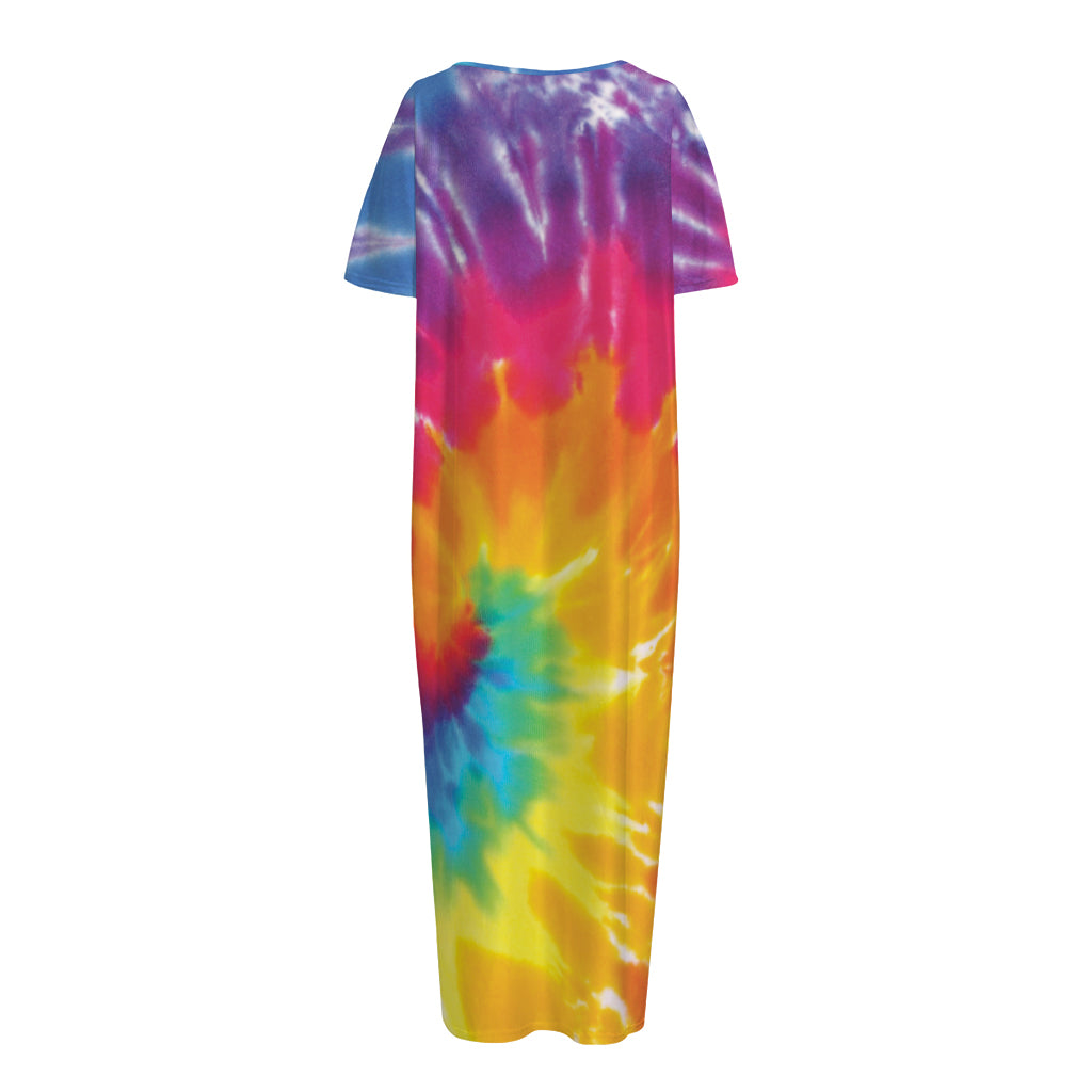 Colorful Spiral Tie Dye Print Short Sleeve Long Nightdress