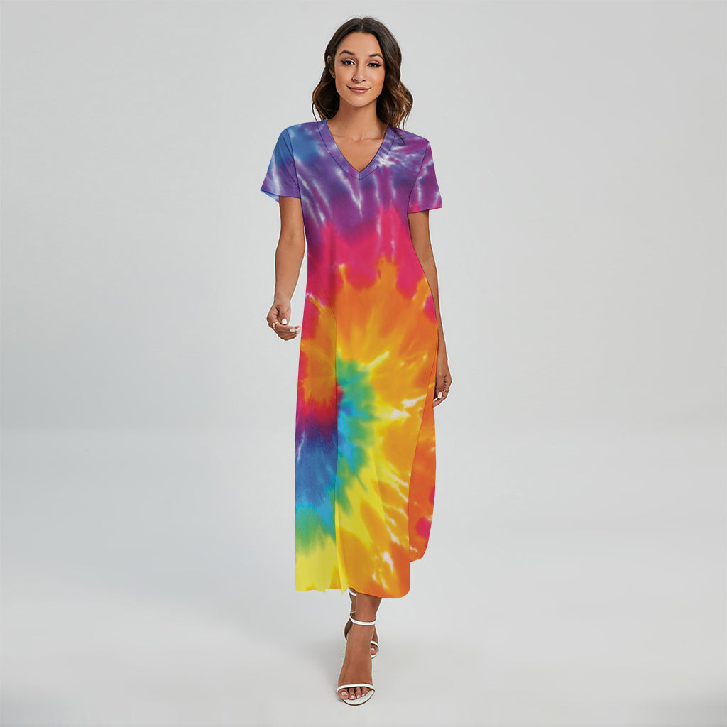 Colorful Spiral Tie Dye Print Short Sleeve Maxi Dress