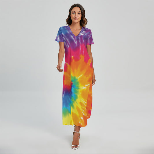 Colorful Spiral Tie Dye Print Short Sleeve Maxi Dress