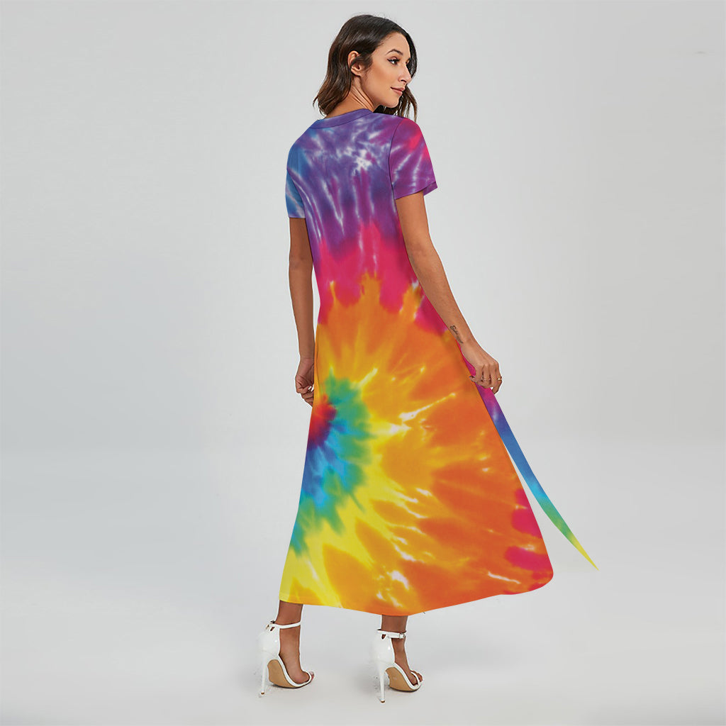 Colorful Spiral Tie Dye Print Short Sleeve Maxi Dress