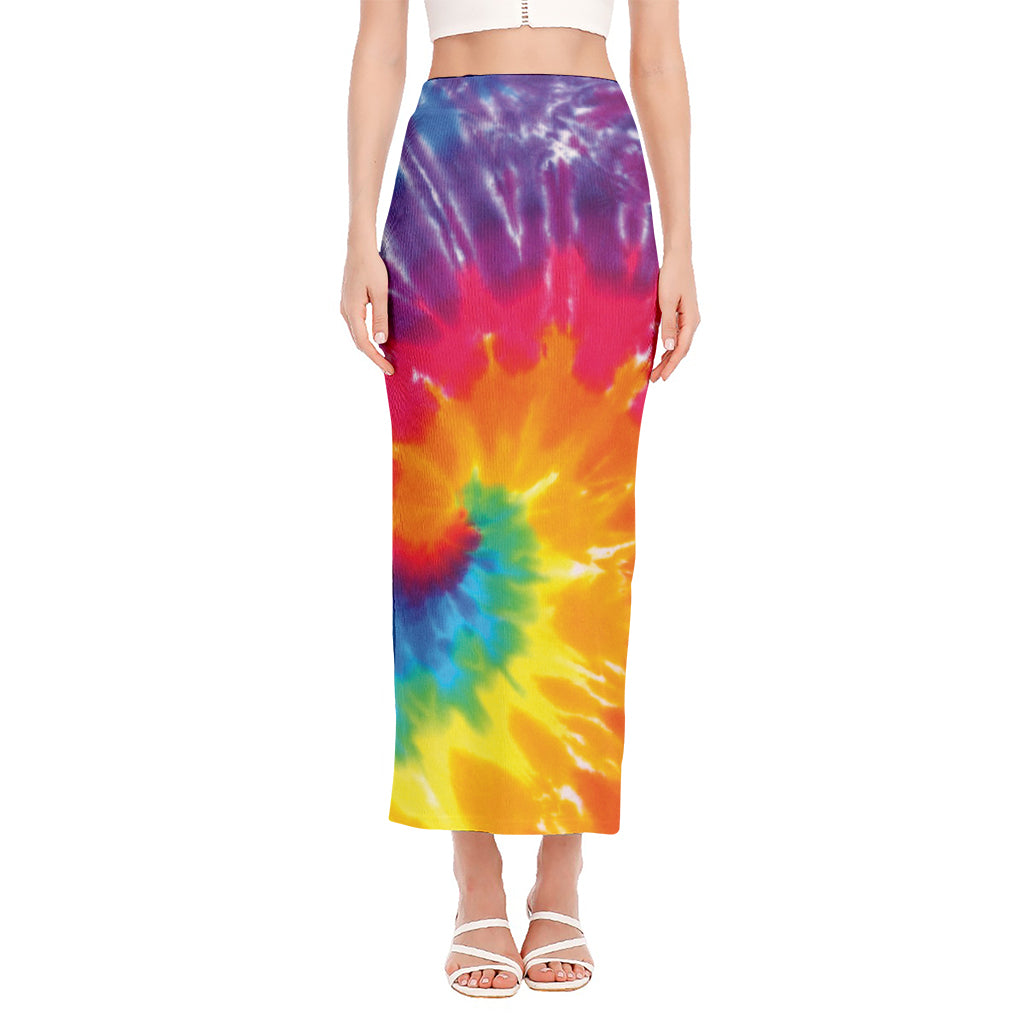 Colorful Spiral Tie Dye Print Side Slit Maxi Skirt