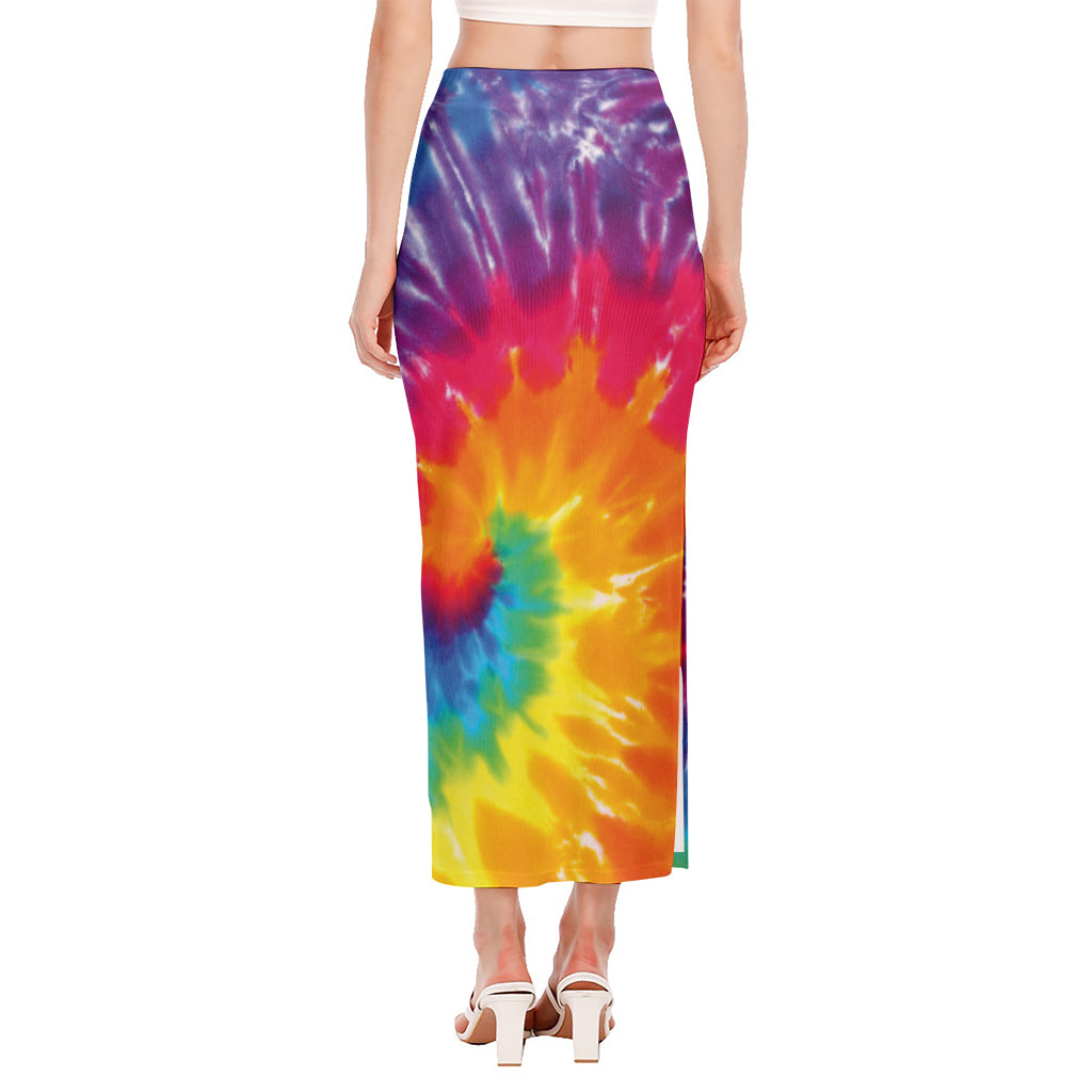 Colorful Spiral Tie Dye Print Side Slit Maxi Skirt