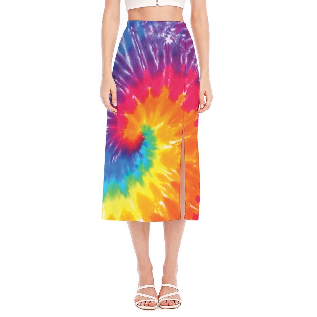 Colorful Spiral Tie Dye Print Side Slit Midi Skirt