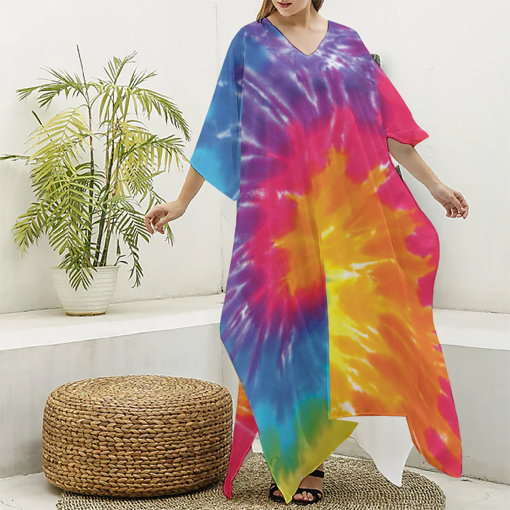 Colorful Spiral Tie Dye Print Silk V-Neck Kaftan Dress