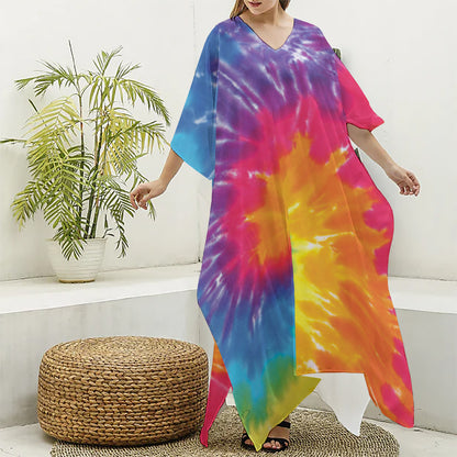 Colorful Spiral Tie Dye Print Silk V-Neck Kaftan Dress