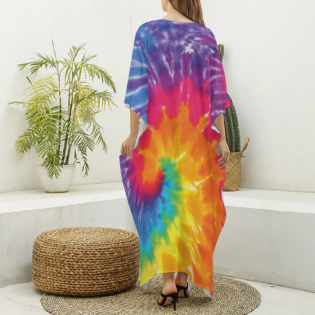 Colorful Spiral Tie Dye Print Silk V-Neck Kaftan Dress