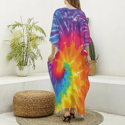 Colorful Spiral Tie Dye Print Silk V-Neck Kaftan Dress