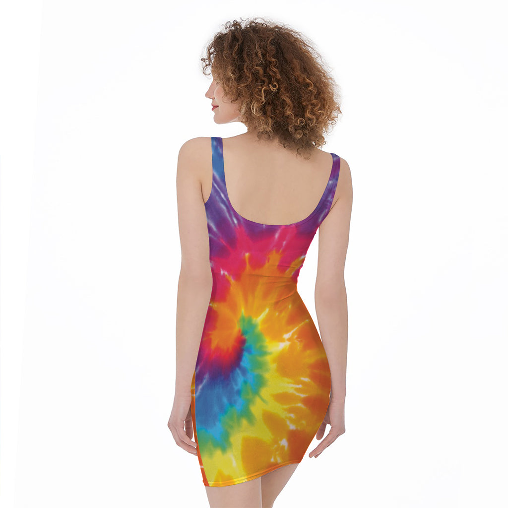 Colorful Spiral Tie Dye Print Sleeveless Bodycon Dress